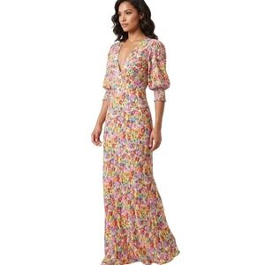 RIXO Floral Maxi Dress Womens 6‎ Multicolor Wedding Guest Bohemian Puff Sleeve